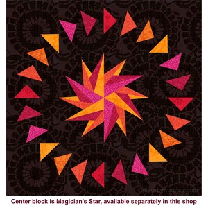 Circles of Geese paper pieced quilt block pattern, PDF download, 12 inch, resizable.  The image shows a quilt medallion with a 12-pointed Magician's Star block in the center, which is available separately in this shop. The star is surrounded by an outer circle of "geese" or right triangles, all pointing continuously around the circle. The star and the triangles are in shades of orange, magenta, and red, set against a nearly black background floral print.