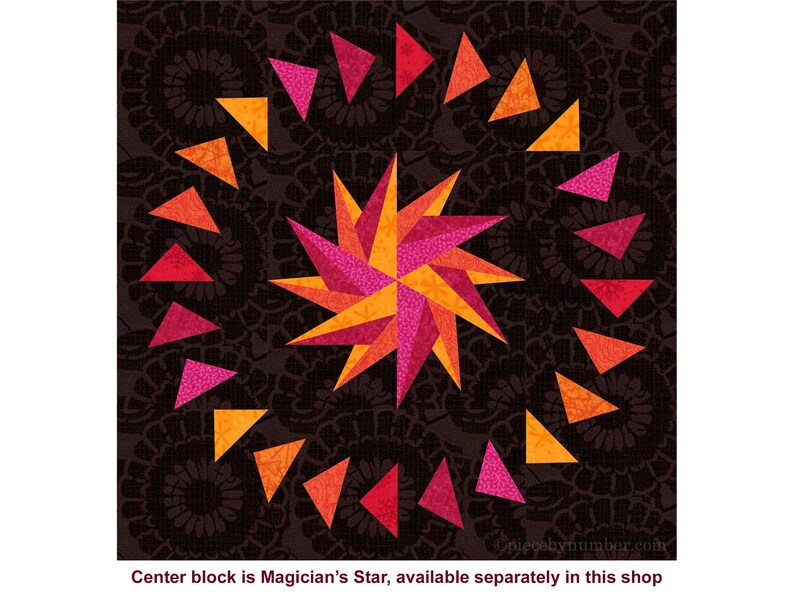 Circles of Geese paper pieced quilt block pattern, PDF download, 12 inch, resizable.  The image shows a quilt medallion with a 12-pointed Magician's Star block in the center, which is available separately in this shop. The star is surrounded by an outer circle of "geese" or right triangles, all pointing continuously around the circle. The star and the triangles are in shades of orange, magenta, and red, set against a nearly black background floral print.