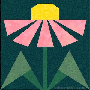 Black-eyed Susan, paper piecing flower quilt block pattern, PDF download, 6 & 12 inch, resizable, foundation piecing FPP.  The image shows one possible color scheme for the Black-Eyed Susan quilt block, with pink petals, bright yellow center and medium green leaves on a dark navy background.