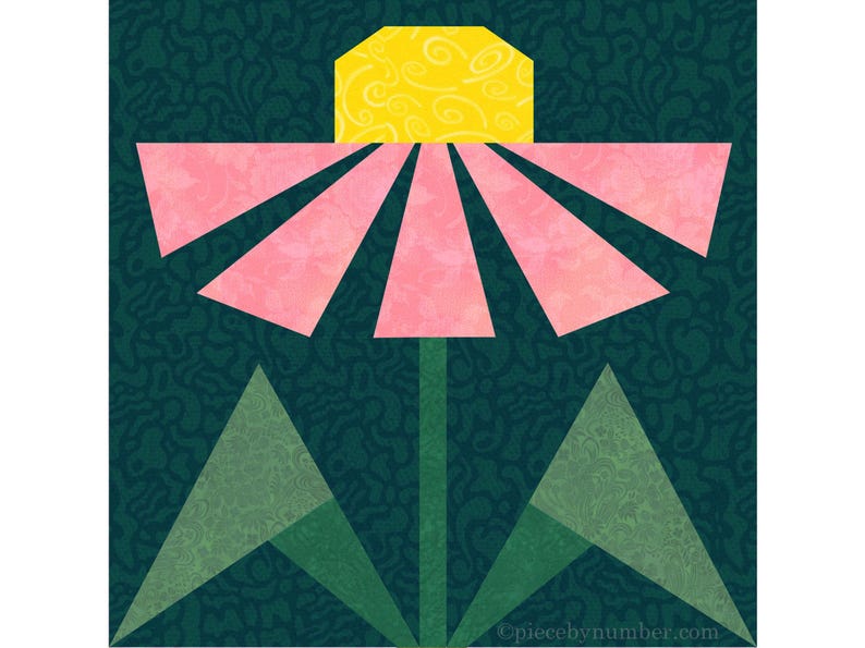 Black-eyed Susan, paper piecing flower quilt block pattern, PDF download, 6 & 12 inch, resizable, foundation piecing FPP.  The image shows one possible color scheme for the Black-Eyed Susan quilt block, with pink petals, bright yellow center and medium green leaves on a dark navy background.