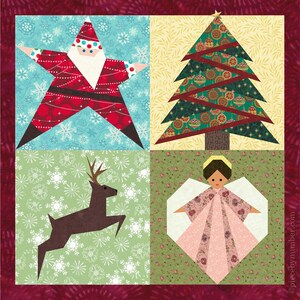 Op de afbeelding: Een kerst-patchworkdeken met vier vierkanten. De linkerbovenste vierkant heeft een rode kerstman in een stervorm. De rechterbovenste vierkant toont een groene kerstboom met rode en gouden ornamenten. De linkeronderste vierkant heeft een bruin hert dat springt. De rechteronderste vierkant toont een roze engel met een halo.