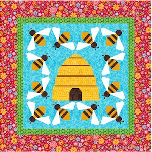 Honig Biene und Bienenstock, Quilt-Block-Muster für Papier, Bienenblöcke, PDF-Download, 3, 6, 12-Zoll-Blöcke, größenverstellbar, Grundschnitt FPP