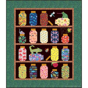 May include: A quilt block featuring a brown wooden frame and 18 colourful jars with various patterns. The jars are arranged in three rows of six. Each jar has a different pattern, including butterflies, fish, crabs, and insects.