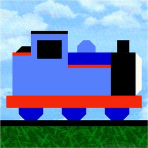 May include: A blue and red cartoon train illustration against a sky background. The train has a black smokestack and a red stripe along the bottom. The image is a digital illustration with a simple, geometric style.