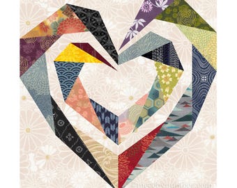 Twisting Spiral Heart Quilt Block Pattern, Paper Piecing, 6 & 12 inch, Resizable (PDF Download)