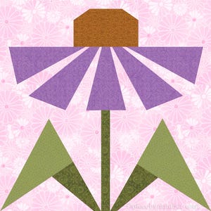 Black-eyed Susan, paper piecing flower quilt block pattern, PDF download, 6 & 12 inch, resizable, foundation piecing FPP.  The image shows one possible color scheme for the Black-Eyed Susan quilt block with lavender petals, medium-brown center, and olive-green leaves on a light pink background.