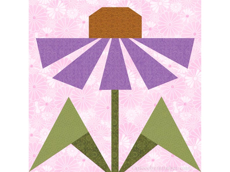 Black-eyed Susan, paper piecing flower quilt block pattern, PDF download, 6 & 12 inch, resizable, foundation piecing FPP.  The image shows one possible color scheme for the Black-Eyed Susan quilt block with lavender petals, medium-brown center, and olive-green leaves on a light pink background.