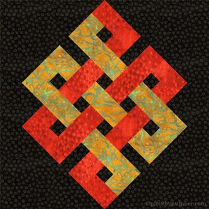 May include: A red and gold fabric knot design on a black background. The knot is a traditional symbol of good luck and fortune.