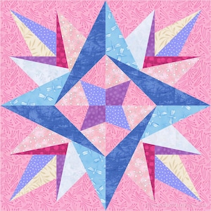 May include: A pink, blue, purple, and white patchwork quilt block with a star design. The block is made up of various geometric shapes and has a dragonfly pattern on some of the fabric.