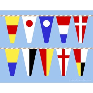 May include: A string of pennant flags with various colors and designs, including red, white, blue, yellow, and black. The flags are hanging on a white string against a light blue background. The text "piecebynumber.com" is at the bottom of the image.