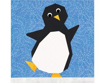Op de afbeelding: Een zwart-witte pinguïn met een gele snavel en voeten staat op een blauwe achtergrond met witte stippen.