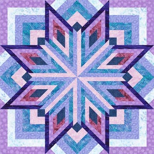 Puede incluir: Un bloque de colcha de color morado, azul y rosa con un patrón de estrella. El bloque de colcha está hecho de múltiples capas de tela, creando un efecto de capas.
