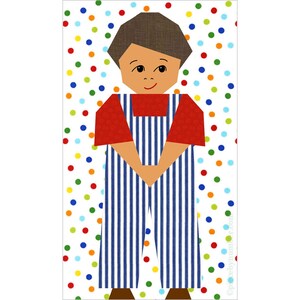 May include: A paper craft illustration of a person wearing a red shirt and blue and white striped overalls. The background is a white pattern of colorful polka dots.