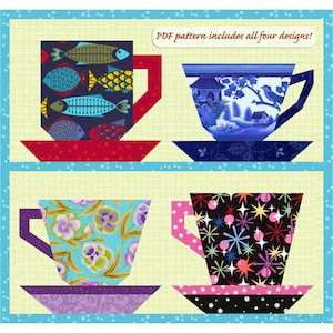 Tea and Coffee Cups, paper piece quilt block pattern, PDF download, 6 inch blocks, resizable, foundation piecing FPP