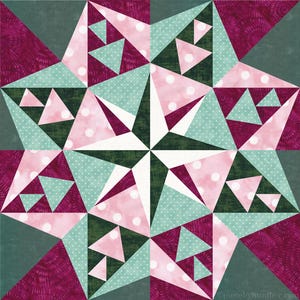 May include: A quilt block with a star design in shades of pink, green, and white. The star is made up of triangles and squares, and the background is a dark green.
