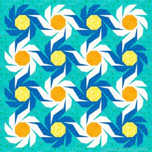 May include: A colorful quilt pattern featuring repeating geometric designs. The pattern includes white, blue, yellow, and orange shapes set against a teal background. The design is made up of repeating pinwheel and flower-like shapes.