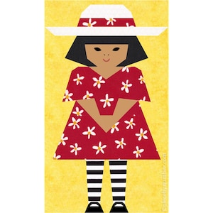 May include: A geometric illustration of a person in a red dress with white flower accents and a white hat. The person has black hair and is wearing black and white striped stockings. The background is yellow.