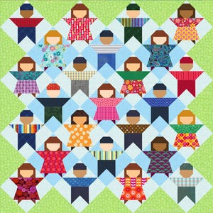 May include: A colorful quilt featuring geometric figures resembling people. Each figure has a different patterned dress or shirt in various colors, including red, orange, and blue. The background is a light blue and green diamond pattern.