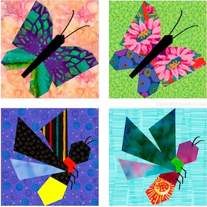 Butterfly and Firefly paper piecing quilt block patterns, PDF download, 6 & 12 inch blocks, resizable, foundation pieced FPP