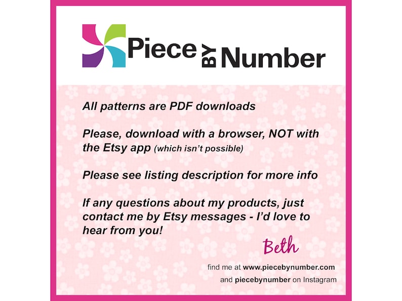 All patterns are PDF downloads.   Please, download with a browser, NOT with the Etsy app (which isn’t possible).  Please see listing description for more info. If any questions about my products, just contact me by Etsy messages - I’d love to hear from you!