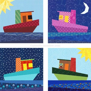 Peut inclure: Quatre illustrations de bateaux colorés. Chaque bateau a une cabine et est sur l'eau. Les arrière-plans comprennent un soleil, des étoiles et une lune. Les bateaux sont faits de divers tissus à motifs.