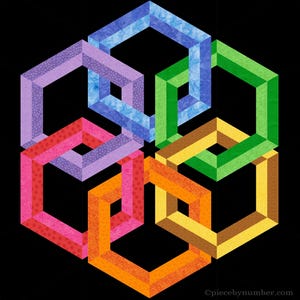 May include: A geometric design featuring six interlocking hexagons in shades of blue, purple, green, orange, and pink. The hexagons are layered to create a three-dimensional effect.