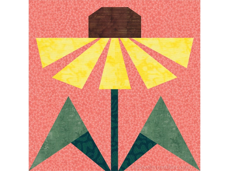 Black-eyed Susan, paper piecing flower quilt block pattern, PDF download, 6 & 12 inch, resizable, foundation piecing FPP.  The image shows one possible color scheme for the Black-Eyed Susan quilt block with yellow petals, brown center, and dark green leaves on an orange-pink background.