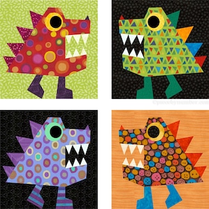 May include: Four colorful patchwork monster illustrations. Each monster has a different pattern and color scheme. The monsters are all facing forward with their mouths open and teeth showing. The background of each monster is a different color.