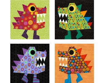 Teenysaurus Rex Quilt Block Pattern, Foundation Paper Piecing (FPP), 12 inch block (PDF Download)