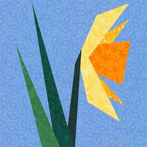 Modello di blocco trapunta con fiori in carta da narciso da scaricare in formato PDF, blocchi da 6 e 12 pollici, ridimensionabili, foundation piecing FPP