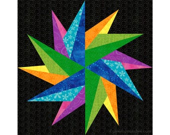 Magician's Star Quilt Block Pattern, Papierzusammenstellung, 31cm, größenverstellbar (PDF Download)