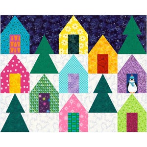 May include: A colorful patchwork quilt design featuring a winter village scene with houses, trees, and a penguin. The houses are various shapes and sizes with different colored doors and windows. The trees are green and the snow is white.