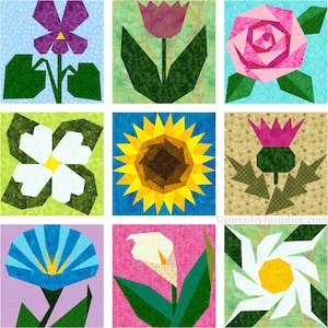 "9 Blumen-Vorteile, Papier-Block-Muster mit Bonusblock, PDF download, 15,5 cm und 30 cm große Blöcke, größenanpassbar, Grundannäherung / Standardgröße)