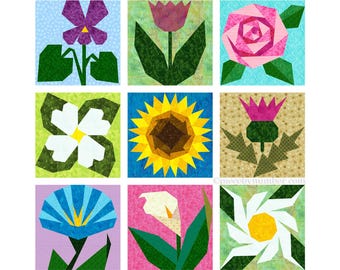 9 Flowers Value Pack, paper pieced block quilt patterns w/bonus block, PDF download, 6 & 12 inch blocks, resizable, foundation piecing FPP