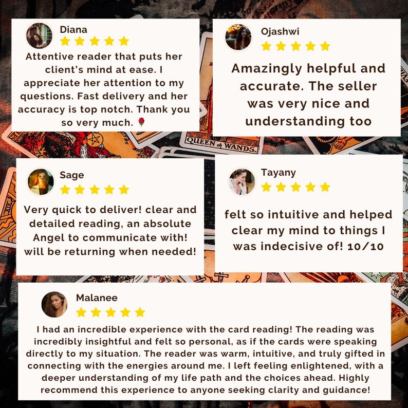 May include: Image of customer reviews for a tarot card reading service. The reviews are on white cards with star ratings and customer comments. The background features tarot cards.