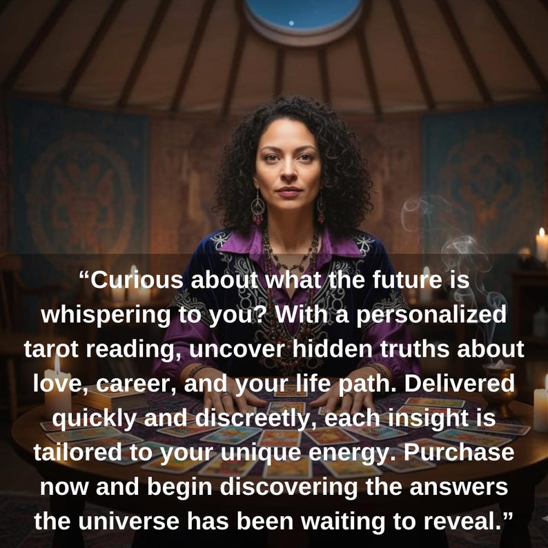 May include: An image featuring a woman with curly hair, wearing a purple top, and jewelry. Text overlay reads: "Curious about what the future is whispering to you?" The image promotes tarot readings, promising insights into love, career, and life path.