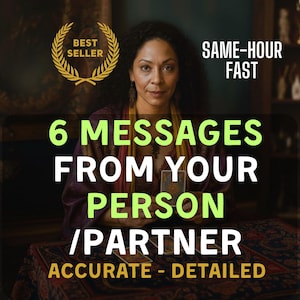 Könnte beinhalten: Ein Bild zeigt eine Frau mit dunklem, lockigem Haar, die Tarotkarten hält. Text-Overlay: "6 MESSAGES FROM YOUR PERSON/PARTNER ACCURATE - DETAILED" mit "BEST SELLER" und "SAME-HOUR FAST". Die Frau trägt ein lila-rotes Kleidungsstück.