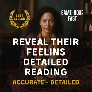 Puede incluir: Una mujer con cabello rizado sostiene cartas del tarot. La imagen incluye el texto "REVEAL THEIR FEELINGS DETAILED READING" y "ACCURATE - DETAILED". Un emblema dorado dice "BEST SELLER". Las palabras "SAME-HOUR FAST" también son visibles.