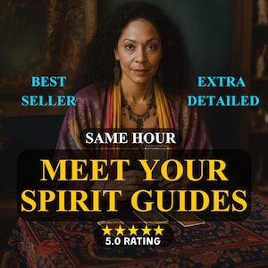 Può includere: Una donna con i capelli ricci scuri e uno scialle colorato è la figura centrale di questa immagine. Il testo sull'immagine recita "Meet Your Spirit Guides" e "Best Seller". L'immagine include anche una valutazione di 5.0 e le parole "Extra Detailed".