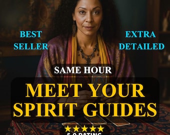May include: A woman with dark curly hair and a colorful shawl is the central figure in this image. Text on the image reads "Meet Your Spirit Guides" and "Best Seller". The image also includes a 5.0 rating and the words "Extra Detailed".