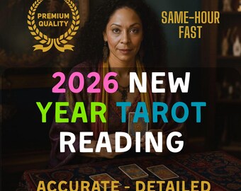 May include: An image promoting a 2026 New Year Tarot Reading. The text includes "Premium Quality" and "Same-Hour Fast." The image features a woman with dark hair and a table with tarot cards.