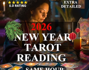 Puede incluir: Imagen que promociona una lectura de tarot de Año Nuevo 2026. El texto incluye "5.0 Rating", "Extra Detailed" y "Same Hour". Una mujer está sentada a una mesa con cartas del tarot, velas y faroles decorativos. El tema general es espiritual y místico.