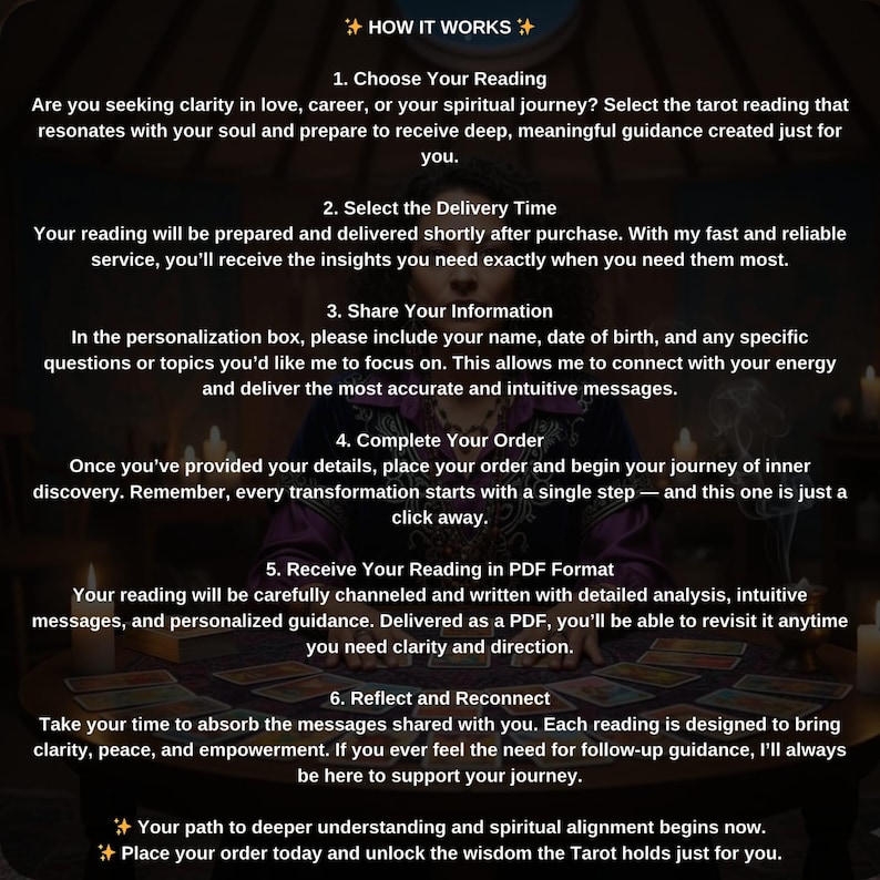 May include: A digital image with text detailing the process of receiving a tarot reading. The steps include choosing a reading, selecting delivery time, sharing information, completing the order, receiving the reading in PDF format, and reflecting. The image has a dark background.