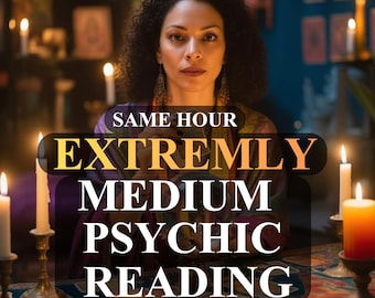 May include: An image featuring a woman with curly hair, surrounded by lit candles, and tarot cards. Text on the image reads "SAME HOUR EXTREMELY MEDIUM PSYCHIC READING" with a 5.0 rating. The scene has a mystical, spiritual theme.