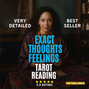 Peut inclure: Une femme aux cheveux bouclés foncés est au centre de l'image, avec le texte "EXACT THOUGHTS FEELINGS TAROT READING." L'image comprend également le texte "VERY DETAILED" et "BEST SELLER."