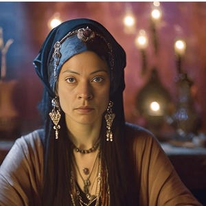 May include: A woman with dark hair and dark eyes wearing a blue and black headscarf with silver jewelry. She is wearing a brown robe and has a serious expression on her face.