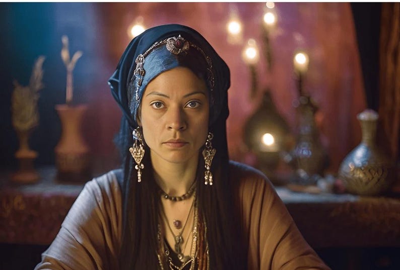 May include: A woman with dark hair and dark eyes wearing a blue and black headscarf with silver jewelry. She is wearing a brown robe and has a serious expression on her face.