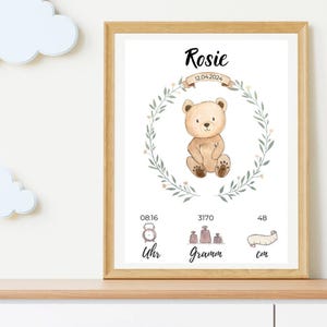 Cartel de nacimiento personalizado – Diseño animal de acuarela OSO con detalles escritos a mano | El regalo individual perfecto para el nacimiento.