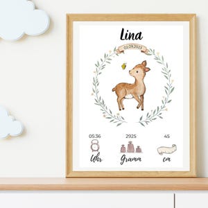 Geburtsposter personalisiert  – REH Aquarell-Tierdesign mit handschriftlichen Details | das perfekte individuelle Geschenk zur Geburt