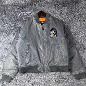 Vintage 90s Suntory Boss Coffee MA1 Flight Bomber Jacket Japanese Promo Faded Grey XL 27x25